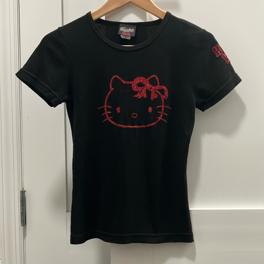 Y2K Vintage 2001 Hello Kitty by Doe T-Shirt with Distressed Glitter Print Size S - Picture 2 of 5